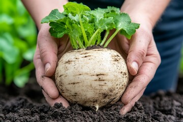 A farmer carefully holding a freshly harvested root vegetable, covered in rich soil