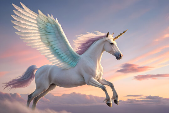 Realistic white unicorn pegasus flying with soft wings at sunset
