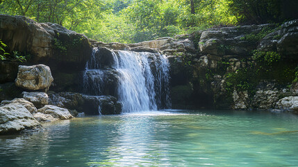 Fototapeta premium Peaceful waterfall in lush forest with calm turquoise water