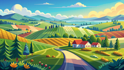 Fototapeta premium Panoramic landscape of central Russia agricultural countryside with hills and country road. Summer landscape of the Samara valleys. Russian 