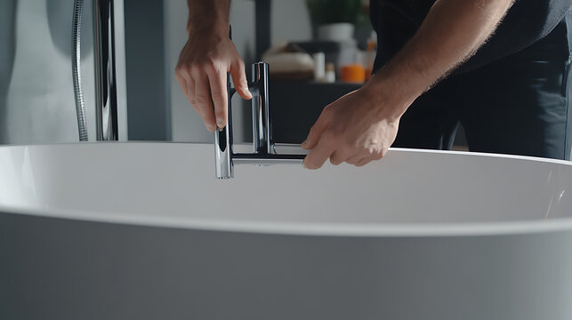 Plumber installing a new bathtub in a bathroom. Featuring bathroom plumbing and fixture installation