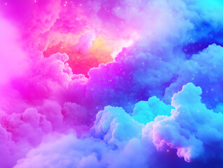 Fototapeta premium Vibrant colorful clouds and Neon pink and blue sky, Ethereal dreamscape, Surreal celestial atmosphere, Swirling cotton candy textures, Cosmic nebula, Vivid watercolor effect, Magical skyscape,