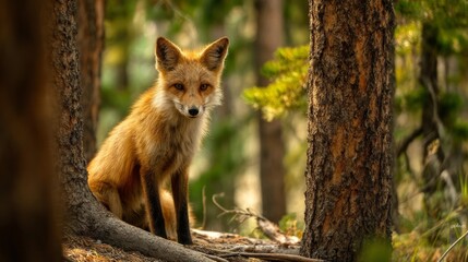 Red fox, vulpes vulpes in forest. Wild animal in natural environment. Wildlife scene from nature