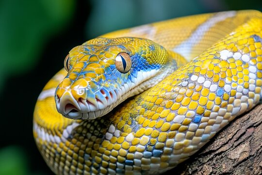 A giant python coiled around a tree branch, its scales shimmering under the sunlight (Reptile)