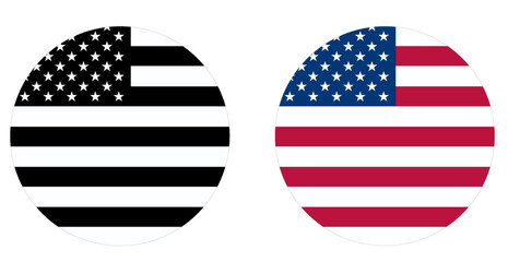 circular US flag icons in black white and classic color flat style.
