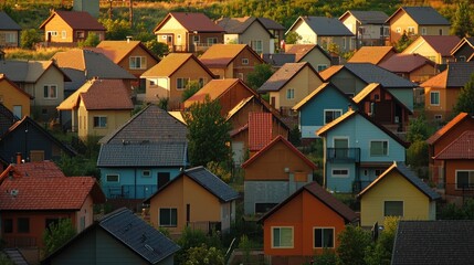 Obraz premium Golden Hour Suburban Homescape: A Panorama of Colorful Houses Bathed in Sunset's Warm Glow