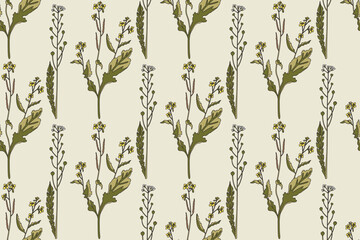 Botanical floral seamless pattern with wildflowers bouquet vector illustration. Repeating flowers with pastel green leaves in beige background. Graphic design for Fashion Cover Textile Birthday Card