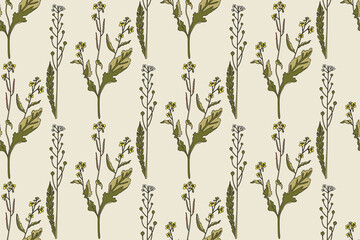 Botanical floral seamless pattern with wildflowers bouquet vector illustration. Repeating flowers with pastel green leaves in beige background. Graphic design for Fashion Cover Textile Birthday Card