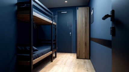 A room in blue navy tones - a wall, a wardrobe, a door. Gray bunk bed with drawers. The space of a hostel or boys room in a minimalist style. Black spots and wood floor. 3d rendering