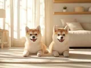 Two Happy Shiba Inu Puppies Relaxing in Bright Living Room
