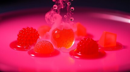 Close up of red candies with smoke and water droplets on pink surface