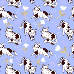 Seamless pattern with three white spotted cats on a blue background