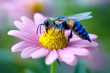 A hummingbird drinking nectar from a bright pink flower, its wings beating rapidly (Bird)