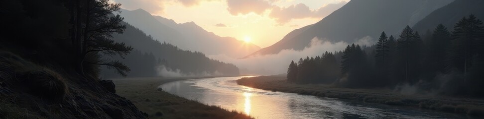 Obraz premium Dramatic black and white mountain river at sunrise, misty valley, light, dramatic, scenic