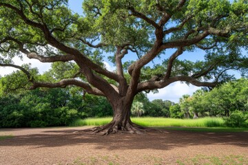 A large oak tree with roots stretching out in all directions, showing centuries of strength