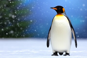 Fototapeta premium A lone penguin standing under a soft snowfall, its black and white feathers dusted with snowflakes