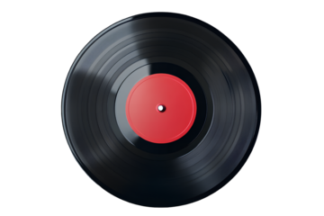 Vintage black vinyl record with a red label, isolated on a transparent background