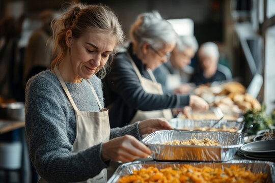  Volunteers serving meals in a bright hall