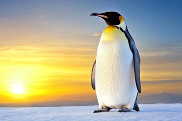 Fototapeta premium A majestic emperor penguin standing tall on an icy glacier, with a golden sunset reflecting off the snow
