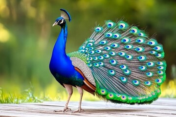 Obraz premium A male peacock (Galliformes) displaying its dazzling feathers in an extravagant courtship dance
