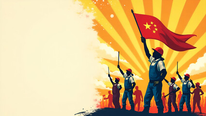 Vibrant Labour Day Poster Illustration: Dynamic Worker Empowerment with Patriotic Design, Creative Graphics, and Modern Layout for Impactful Messaging