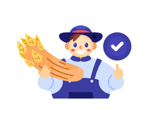 illustration of a happy male farmer because he got a good harvest of rice or wheat. successful young farmer. farmer's clothes. gesture and expression. flat style character design. elements