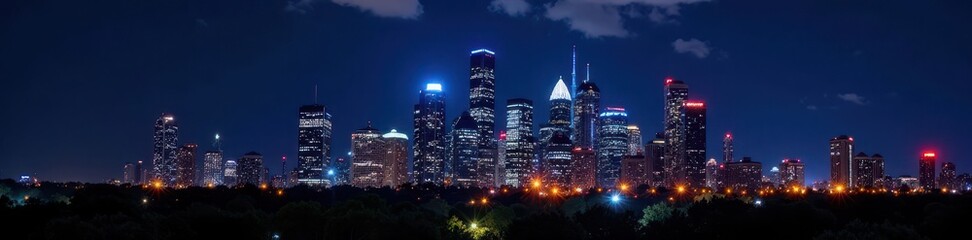 Dramatic Houston skyline at night, illuminated skyscrapers, scene, night view