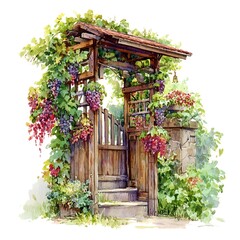Wooden Gate Entrance Overgrown with Grapes and Flowers. A picturesque watercolor painting of a rustic wooden gate, adorned with lush grapevines and vibrant blooms.
