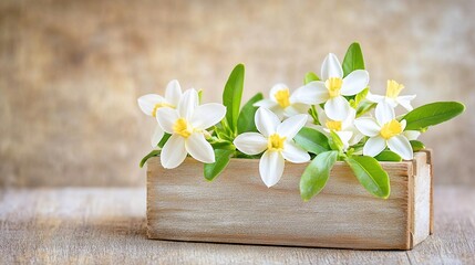 Fototapeta premium Delicate white flowers in a wooden box