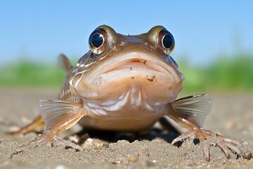 A mudskipper fish climbing onto land, showcasing its ability to live both in water and on land (Fish)