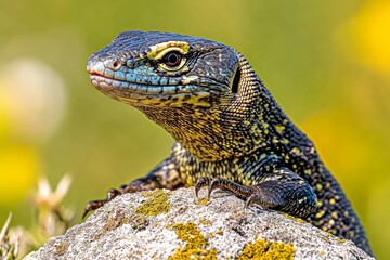 Obraz premium A monitor lizard sunbathing on a rock, its forked tongue flicking out to sense its surroundings (Reptile)