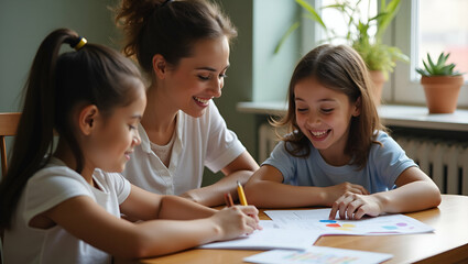 Fototapeta premium Dynamic Classroom Interaction: Teacher Engaging with Happy Children in a Vibrant School Environment, Highlighting Educational Commitment and Holistic Development through Playful Experiences
