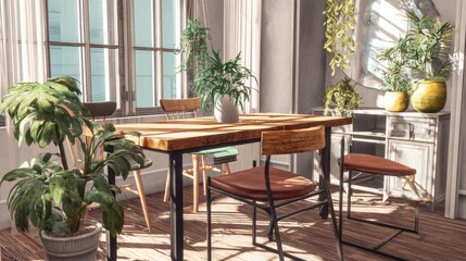 Fototapeta premium Stylish room with wooden table, chairs and houseplants. Interior design