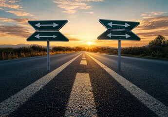 Directional Road Signs at Sunset on an Open Highway Landscape