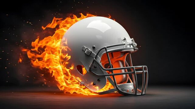 White football helmet engulfed in flames. Intense sports concept on dark background