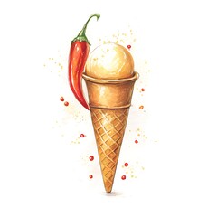 Creamy Ice Cream Cone with Chili Pepper A Watercolor Illustration.
