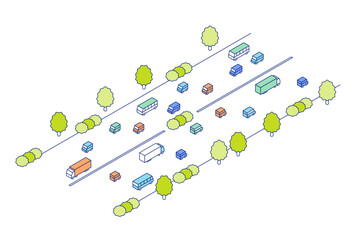 Illustration of an isometric road. A major roadway with cars, trucks, and buses.