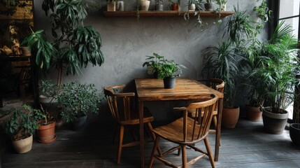 Stylish room with wooden table, chairs and houseplants. Interior design