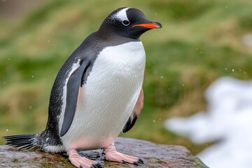 Naklejka premium A penguin colony preparing for migration, all facing the same direction