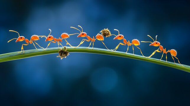 Ants transporting food on a leaf nature scene macro photography vibrant environment close-up perspective