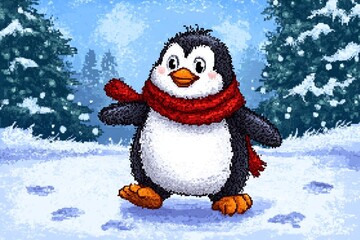 A pixel art animation of a tiny penguin waddling across a snowy platform, leaving little footprints