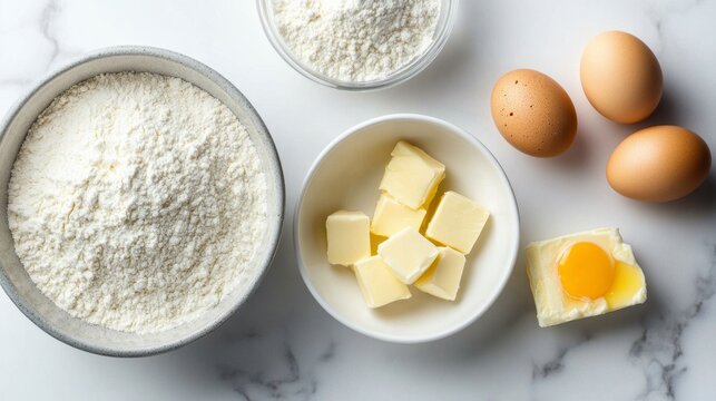 Ingredients for Baking: Flour, Butter, Eggs on Marble Surface