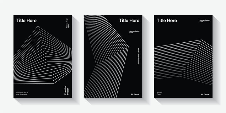 Modern cover design set. Black and white abstract line pattern (guilloche curves). Creative wavy stripe vector collection for business background, certificate, brochure template, magazine layout