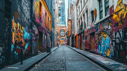 Fototapeta premium A vibrant urban alleyway displays colorful street art murals on walls