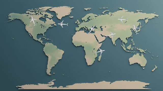 Animated airplanes flying over world map, minimal style, muted green and beige, video with copy space
