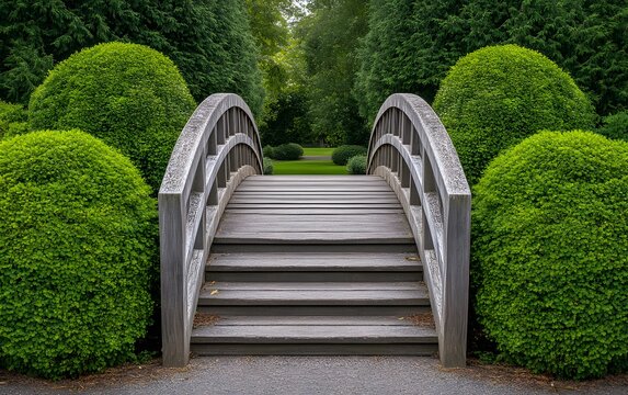 Wooden Footbridge in Lush Green Garden Landscape