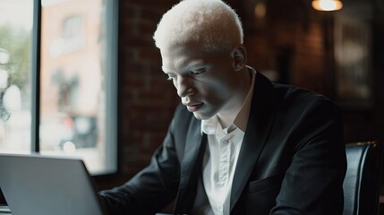Young albino man working on laptop in modern cafe setting male suit desk black white shirt light