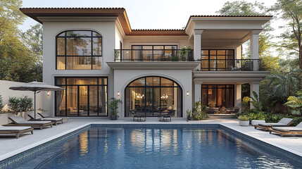 Elegant two story villa with pool and lush garden setting