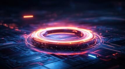 Glowing tech rings and wireframes forming a 3D structure in a dark futuristic atmosphere