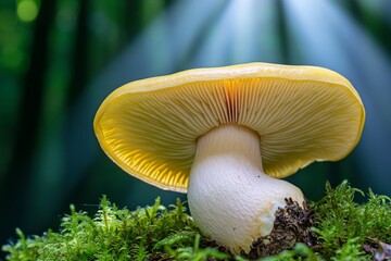 A stunning golden chanterelle mushroom illuminated by a beam of sunlight in a dark forest